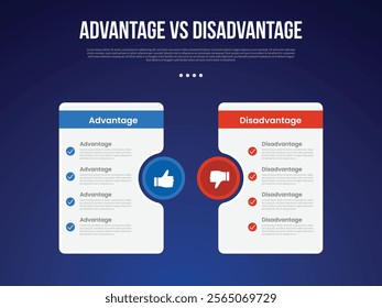 advantage vs disadvantage infographic for comparison data with big table and circle accessories with modern dark gradient style background with 2 point information vector
