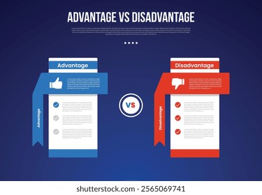 advantage vs disadvantage infographic for comparison data with pricing table comparison with long 3D folds ribbon with modern dark gradient style background with 2 point information vector