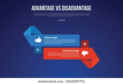 advantage vs disadvantage infographic for comparison data with big rectangle ribbon shape up and down with modern dark gradient style background with 2 point information vector
