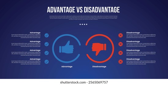 advantage vs disadvantage infographic for comparison data with big outline circle with point on left and right side with modern dark gradient style background with 2 point information vector