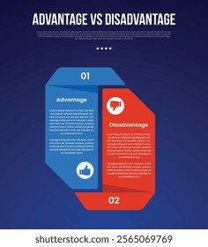 advantage vs disadvantage infographic for comparison data with creative separate unit shape with modern dark gradient style background with 2 point information vector