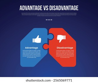 advantage vs disadvantage infographic for comparison data with round puzzle box connection with modern dark gradient style background with 2 point information vector