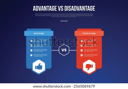 advantage vs disadvantage infographic for comparison data with table price box with hexagon badge with modern dark gradient style background with 2 point information vector