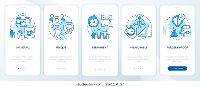 Advantages of biometric data blue onboarding mobile app screen. ID walkthrough 5 steps editable graphic instructions with linear concepts. UI, UX, GUI template. Myriad Pro-Bold, Regular fonts used