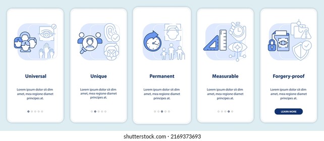Advantages of biometric data light blue onboarding mobile app screen. Walkthrough 5 steps editable graphic instructions with linear concepts. UI, UX, GUI template. Myriad Pro-Bold, Regular fonts used