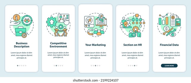 Advantages of business planning onboarding mobile app screen. Walkthrough 5 steps editable graphic instructions with linear concepts. UI, UX, GUI template. Myriad Pro-Bold, Regular fonts used
