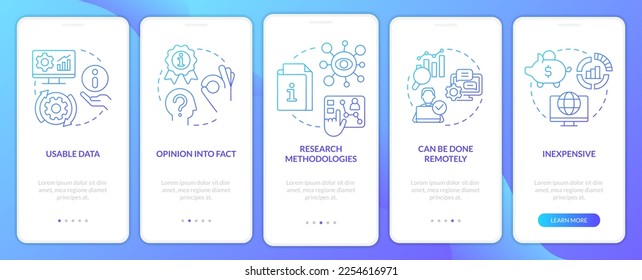 Advantages of case study blue gradient onboarding mobile app screen. Benefits walkthrough 5 steps graphic instructions with linear concepts. UI, UX, GUI template. Myriad Pro-Bold, Regular fonts used