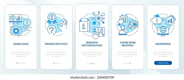 Advantages of case study blue onboarding mobile app screen. Benefits walkthrough 5 steps editable graphic instructions with linear concepts. UI, UX, GUI template. Myriad Pro-Bold, Regular fonts used