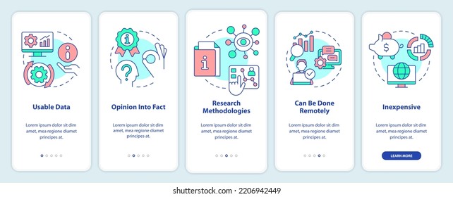 Advantages of case study onboarding mobile app screen. Benefits walkthrough 5 steps editable graphic instructions with linear concepts. UI, UX, GUI template. Myriad Pro-Bold, Regular fonts used