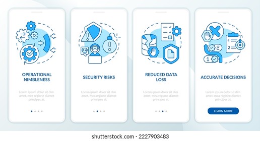 Advantages of data optimizations blue onboarding mobile app screen. Walkthrough 4 steps editable graphic instructions with linear concepts. UI, UX, GUI template. Myriad Pro-Bold, Regular fonts used
