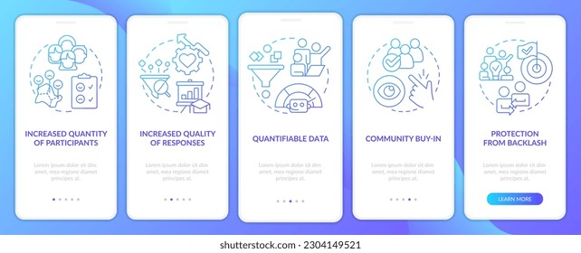 Advantages of digital engagement blue gradient onboarding mobile app screen. Walkthrough 5 steps graphic instructions with linear concepts. UI, UX, GUI template. Myriad Pro-Bold, Regular fonts used