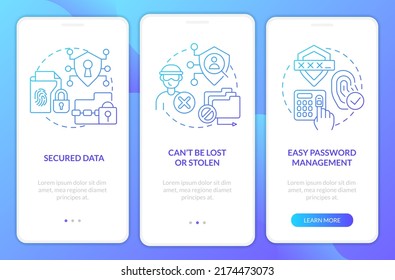 Advantages of digital identity blue gradient onboarding mobile app screen. Walkthrough 4 steps graphic instructions with linear concepts. UI, UX, GUI template. Myriad Pro-Bold, Regular fonts used