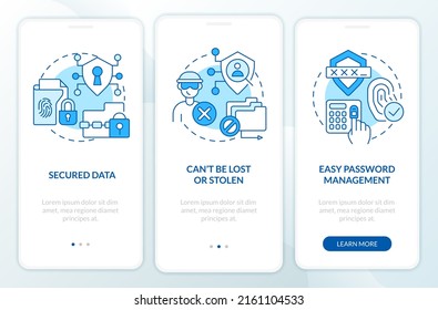 Advantages of digital identity blue onboarding mobile app screen. Walkthrough 4 steps editable graphic instructions with linear concepts. UI, UX, GUI template. Myriad Pro-Bold, Regular fonts used