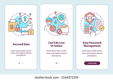 Advantages of digital identity onboarding mobile app screen. System walkthrough 4 steps editable graphic instructions with linear concepts. UI, UX, GUI template. Myriad Pro-Bold, Regular fonts used