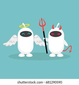 Advantages and disadvantages of modern technologies. A pair of white robots dressed like an angel and a devil / flat editable vector illustration, clip art