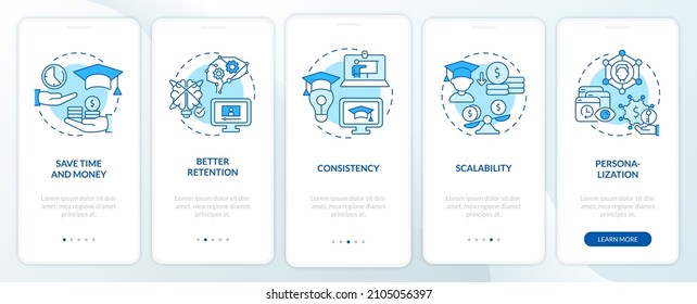 Advantages of elearning blue onboarding mobile app screen. Walkthrough 5 steps graphic instructions pages with linear concepts. UI, UX, GUI template. Myriad Pro-Bold, Regular fonts used