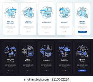 Advantages of elearning night and day mode onboarding mobile app screen. Walkthrough 5 steps graphic instructions pages with linear concepts. UI, UX, GUI template. Myriad Pro-Bold, Regular fonts used