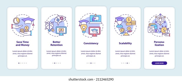 Advantages of elearning onboarding mobile app screen. Online education walkthrough 5 steps graphic instructions pages with linear concepts. UI, UX, GUI template. Myriad Pro-Bold, Regular fonts used