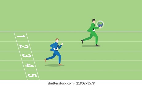 Advantages of ESG and green business policy of environmental concern, save a planet, eco friendly sustainability company. A leader businessman holds earth and rivalry are compete run on a race track.