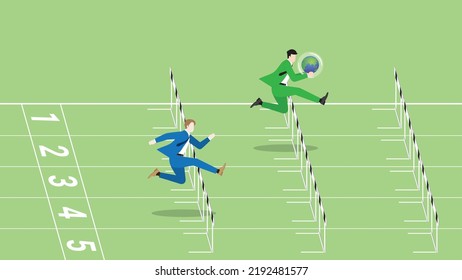 Advantages of ESG and green business policy of environmental concern, eco friendly, sustainability company. A leader businessman and competitor hold earth, run and jump over obstacles on a race track.