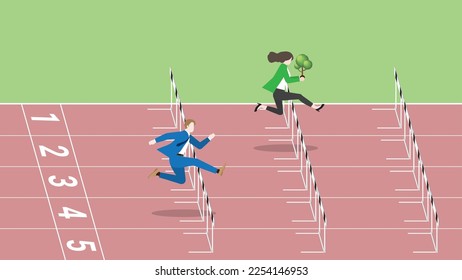 Advantages of ESG and green business policy of environmental concern, eco friendly, sustainability company. A leader businesswoman with a tree and competitor is run and jumps over obstacles in a race.