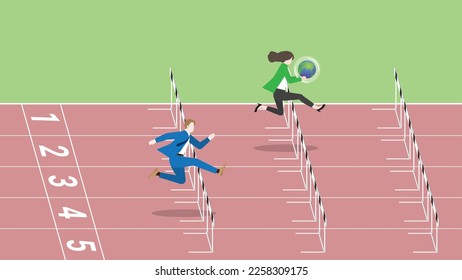 Advantages of ESG and green business policy of environmental concern, eco-friendly, sustainable company. A leader businesswoman and competitor hold earth, runs and jumps over obstacles on race track.