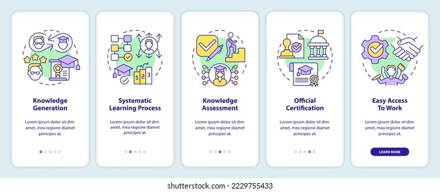 Advantages of formal education onboarding mobile app screen. Learning walkthrough 5 steps editable graphic instructions with linear concepts. UI, UX, GUI template. Myriad Pro-Bold, Regular fonts used