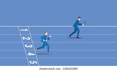Advantages of hard-working, diligent, enthusiastic, intense. A leader businessman work by laptop and follow up rival run on a race track. Career position, competition, contest, compare a performance.