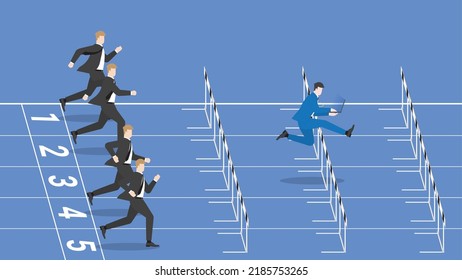 Advantages of hard-working, diligent, enthusiastic, intense. A leader businessman works by laptop and follow up rival run and jump on a race track. Career position, competition, contest, performance.