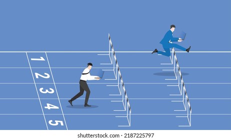 Advantages of hard-working, diligent, enthusiastic, intense. A leader businessman and follower employee work on laptop, jump and run on a race track over obstacles. Competition performance concept.