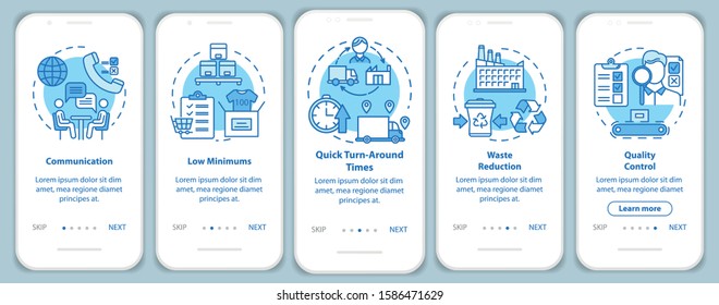 Advantages of local production onboarding mobile app page screen with linear concepts. Five walkthrough steps graphic instructions. Communication. UX, UI, GUI vector template with illustrations
