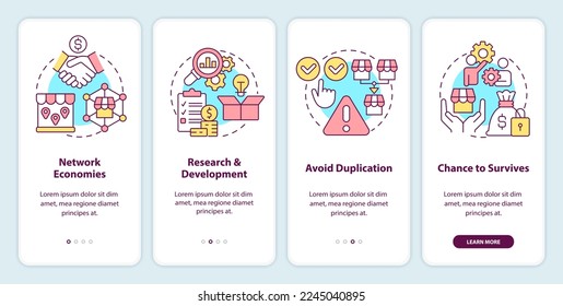 Advantages of mergers onboarding mobile app screen. Network economies walkthrough 4 steps editable graphic instructions with linear concepts. UI, UX, GUI template. Myriad Pro-Bold, Regular fonts used