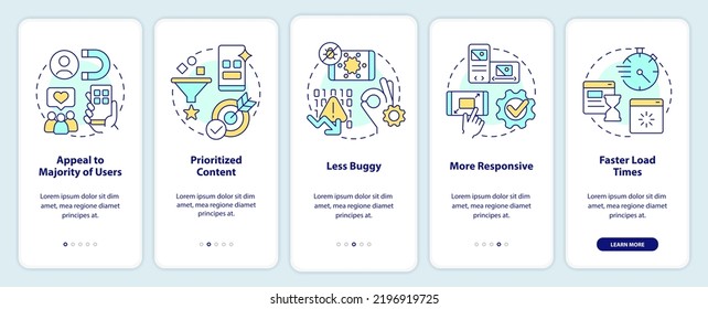 Advantages of mobile first design onboarding mobile app screen. Walkthrough 5 steps editable graphic instructions with linear concepts. UI, UX, GUI template. Myriad Pro-Bold, Regular fonts used