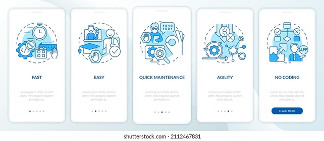 Advantages of no code blue onboarding mobile app screen. Web 3 0 walkthrough 5 steps graphic instructions pages with linear concepts. UI, UX, GUI template. Myriad Pro-Bold, Regular fonts used