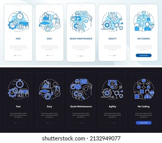 Advantages of no code night and day mode onboarding mobile app screen. Web walkthrough 5 steps graphic instructions pages with concepts. UI, UX, GUI template. Myriad Pro-Bold, Regular fonts used