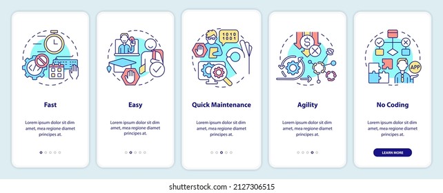 Advantages of no code onboarding mobile app screen. Web 3 0 walkthrough 5 steps graphic instructions pages with linear concepts. UI, UX, GUI template. Myriad Pro-Bold, Regular fonts used