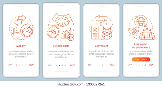 Advantages onboarding mobile app page screen with linear concepts. Mobility, expenses, convenient, eco walkthrough steps graphic instructions. UX, UI, GUI vector template with illustrations