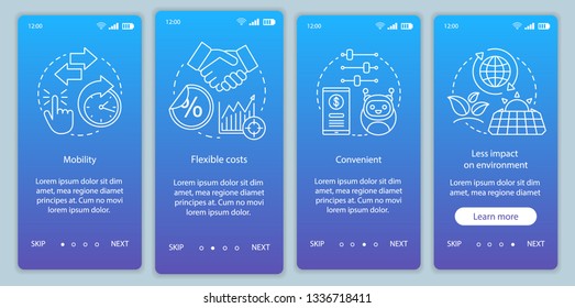 Advantages of online tools onboarding mobile app page screen with linear concepts. Mobility, flexible cost, convenient walkthrough steps graphic instructions. UX, UI, GUI vector template with icons