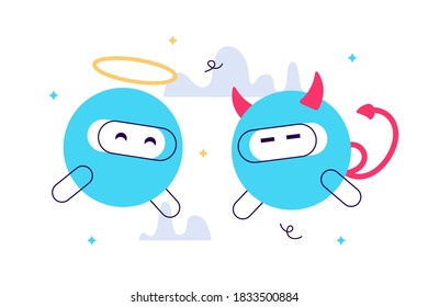 Advantages and risks of modern technologies, A pair of white robots dressed like an angel and a devil. Flat style modern design vector illustration for web page, cards, poster