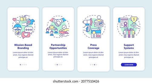 Advantages for social entrepreneurship onboarding mobile app page screen. Walkthrough 4 steps graphic instructions with concepts. UI, UX, GUI vector template with linear color illustrations