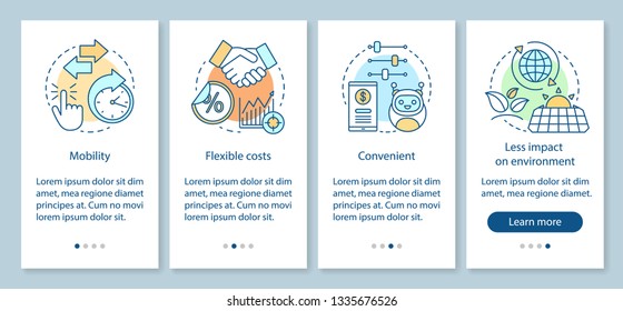 Advantages of technology onboarding mobile app page screen with linear concepts. Mobility, costs, convenient, ecology walkthrough steps graphic instructions. UX, UI, GUI vector template with icons