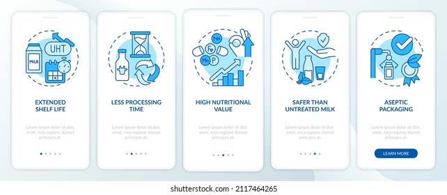Ventajas de la pantalla de aplicación móvil de UHT Leche azul a bordo. Recorrido de pasteurización 5 pasos de páginas de instrucciones gráficas con conceptos lineales. UI, UX, plantilla GUI. Multitud de tipos de letra Pro-Bold, con uso regular