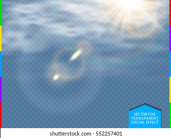 Advection white vector cloud with sunlight lens flare isolated translucent special effect. Sun, fog or smog on spring blue transparent background. Cloudiness sky, mist, smoke. Magic steam illustration