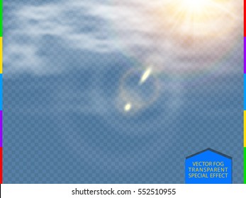 Advection white vector cloud with sunlight lens flare isolated translucent special effect. Sun, fog or smog on spring blue transparent background. Cloudiness sky, mist, smoke. Magic steam illustration