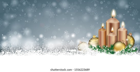 Adven wreath banner with with the snow, baubles and candles. Eps 10 vector file.