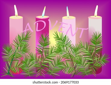 Advent banner, four Advent candles decorated with fir tree twigs