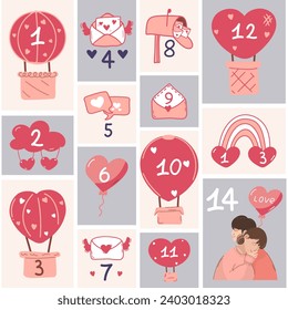 Advent calendar for 14 days. Advent calendar for Valentine's Day. 14 days of the advent calendar on the theme of love