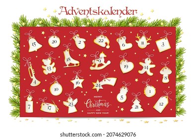Advent calendar with 24 Christmas motif cards,
Tradition in the Advent season,
Vector illustration isolated on white background
