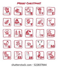 Advent Calendar 25 days of Christmas. Set icons are drawn by hand, ink, brush. Template vector illustration