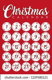 Advent calendar. Abstract red and white colored twenty five christmas countdown printable tags collection. Count down till christmas kit. 